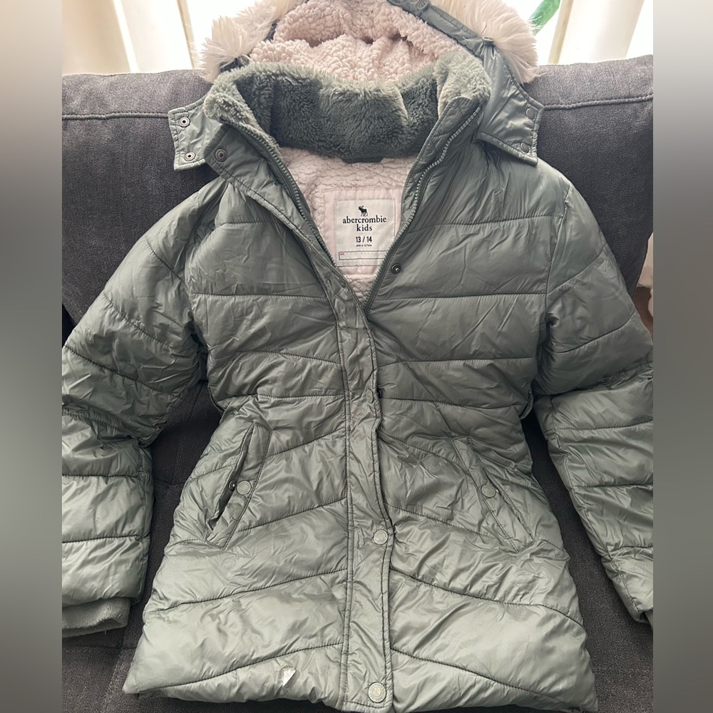 Abercrombie Kids Quilted Green Puffer Jacket with High Neck